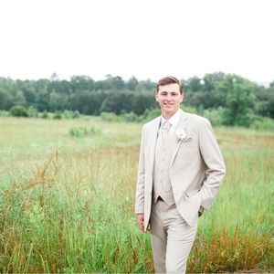 Beige 3 piece suit. Includes tie, pocket square, and white shirt. Worn once.